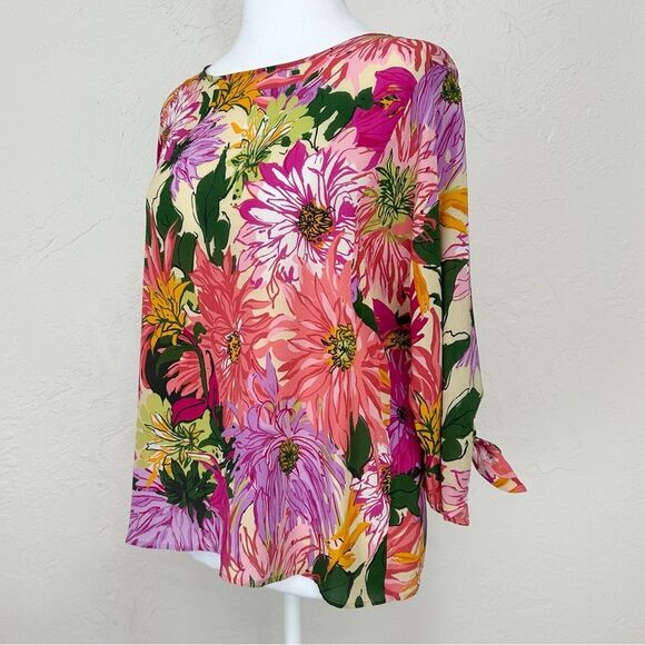 Weekend Max Mara Vorra Silk Top in Fuxia Pink Floral Print w/ Tie Sleeves Size 6 - Picture 4 of 12